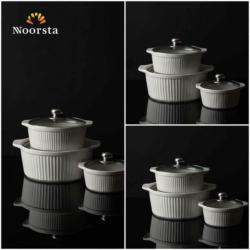 Trinity Ribbed Fine Porcelain Serving Casserole Set with Glass Lids (3-Piece)