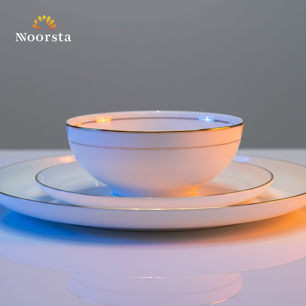 طقم عشاء بون تشاينا 28 قطعة بحواف دهبي شيك جدا لجهاز العروسة - Premium 28-Piece Bone China Dinnerware Set with Gold Trim - Noorsta