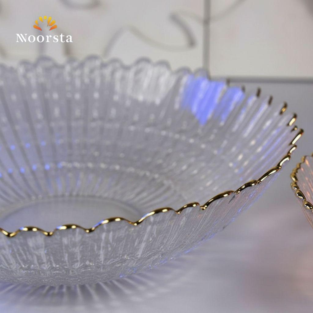 بولة زجاج حراري شيك جدا بحرف دهبي للتقديم والعزومات - Elegant heat-resistant clear glass serving bowl with gold rim - Noorsta