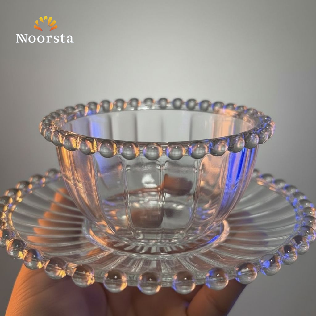 طقم خشاف بولات واطباق قزاز بكنار بابلز شيك - Elegant 12-Piece Pearl Rim Glass Dessert Bowl Set - Noorsta