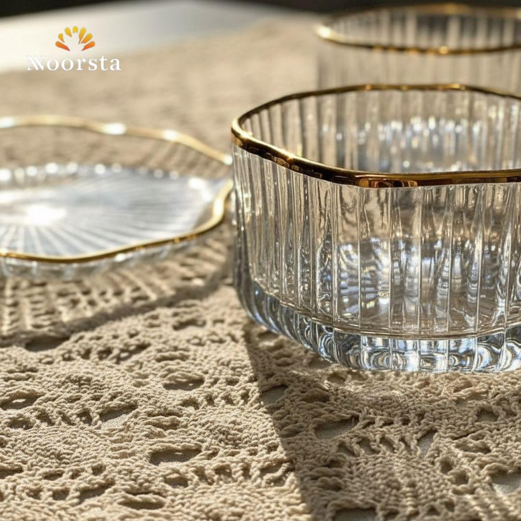 طقم بولات زجاج مضلع بحافة ذهبية مع أطباق تقديم - كريستال فاخر