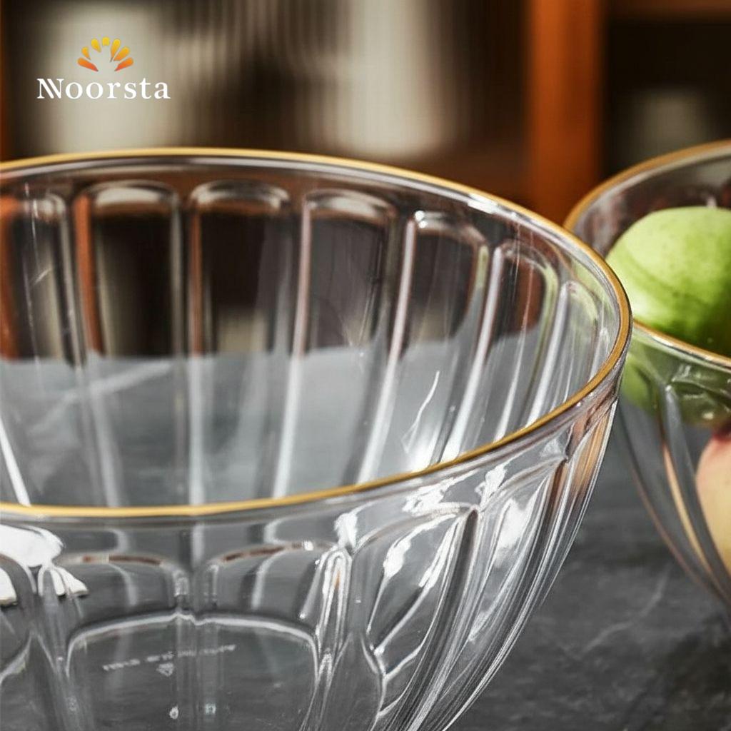 Luminous Gold-Rimmed Crystal-Clear Ribbed Serving Bowl