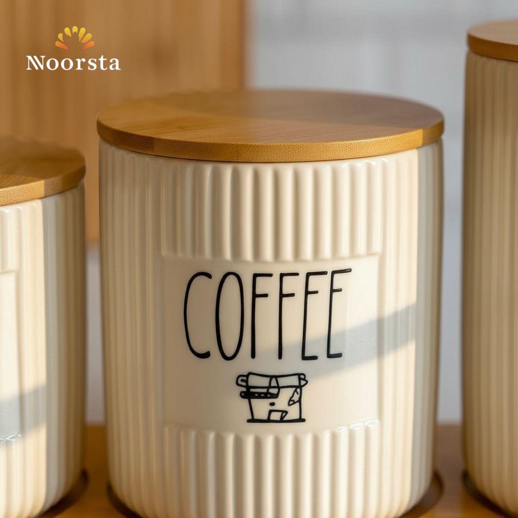 Nordic Ribbed Ceramic & Bamboo Canister Set with Tray