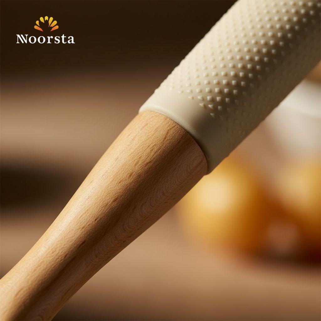 Nordic Essence Wooden Slotted Spoon with Textured Cream Grip