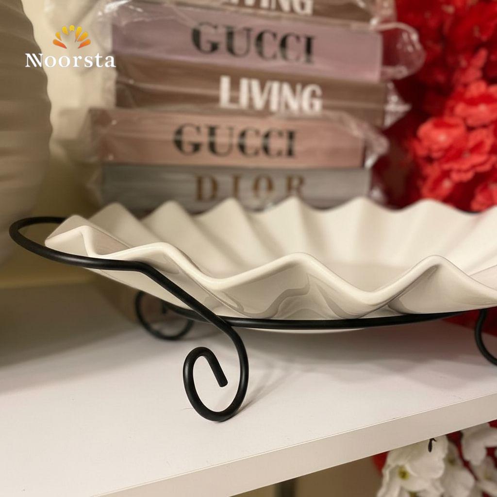 Modern Wavy Ceramic Serving Bowl with Elegant Metal Stand