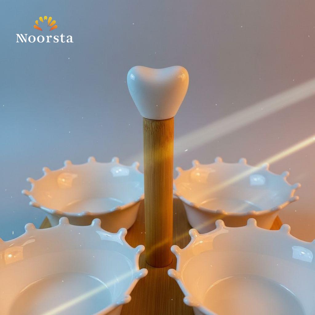 طقم تسالي بورسلين 4 قطع وحامل خشب بمقبض قلب - Elegant Porcelain Crown Snack Bowl Set with Wooden Stand - Noorsta