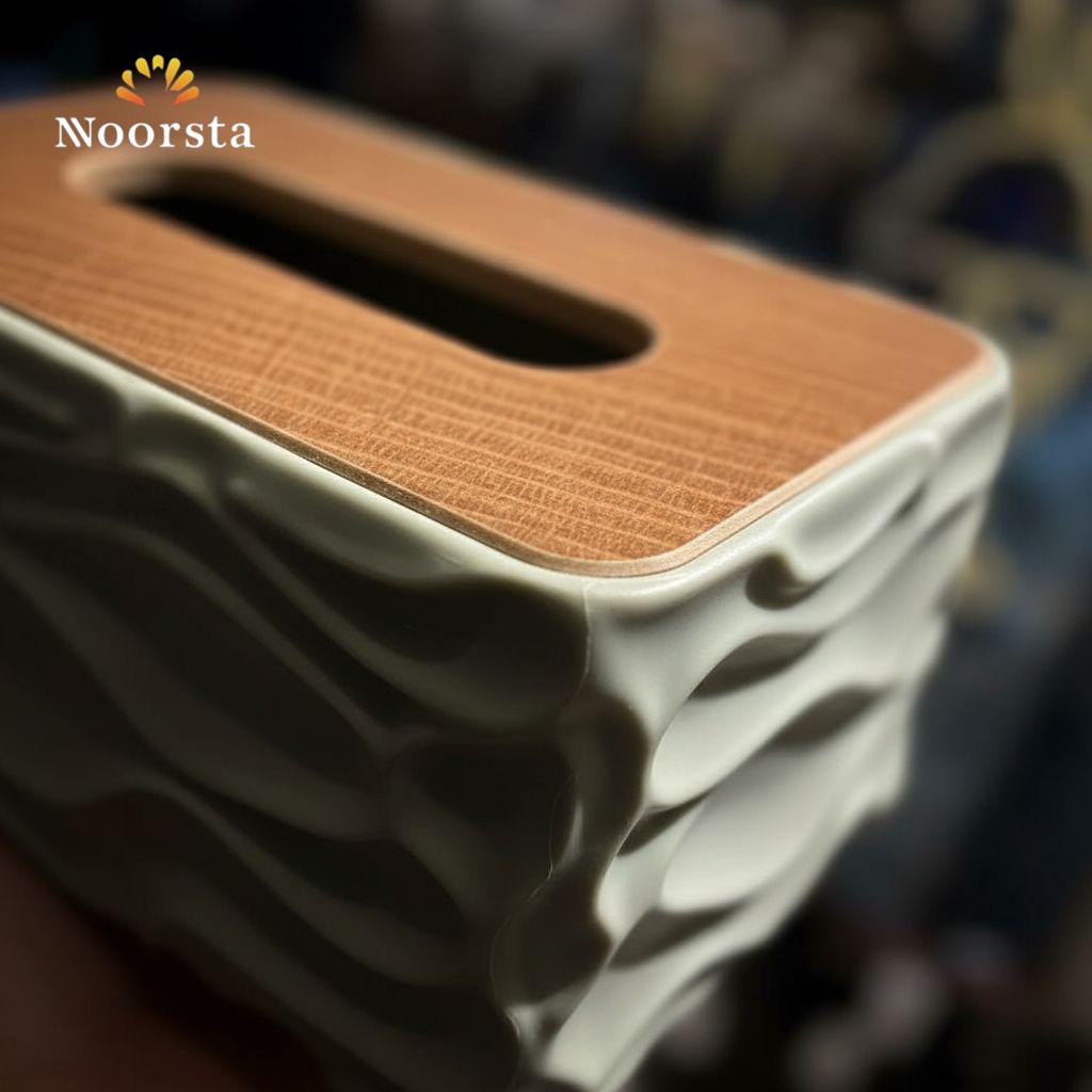 علبة مناديل نورديك بتصميم أمواج منحوتة وغطاء خشبي