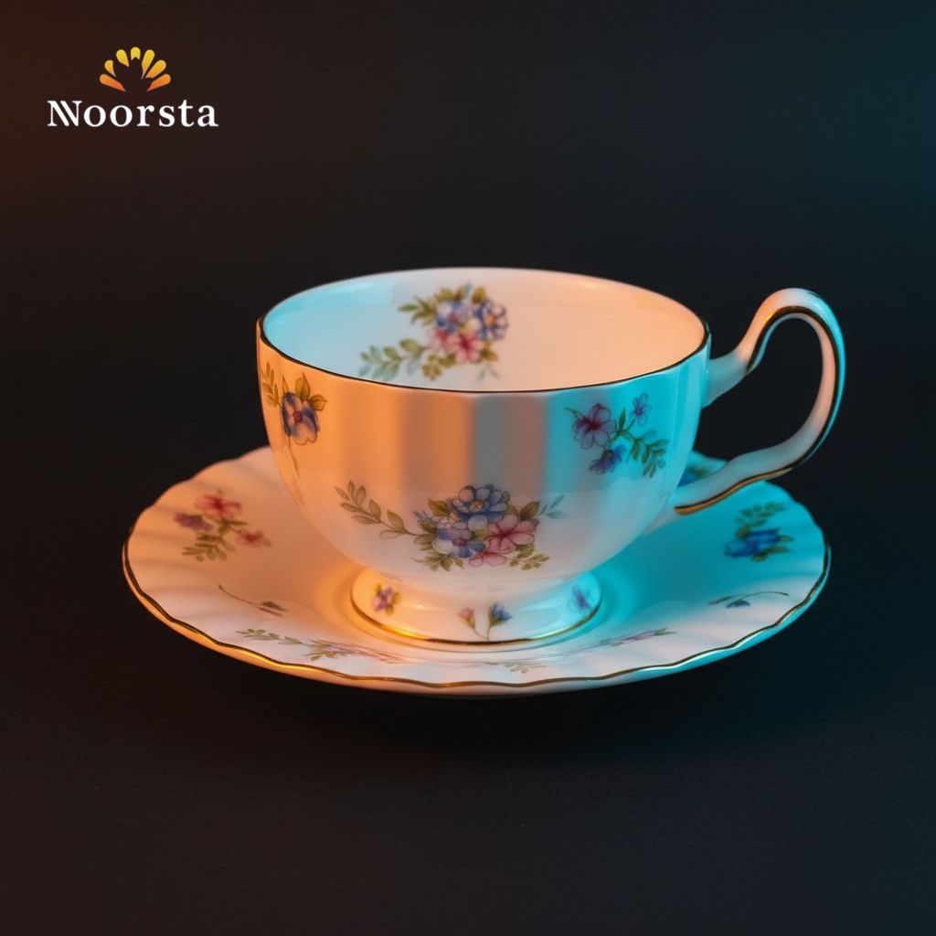طقم فناجين شاي وقهوة بنقشة ورد رقيقة - Classic Floral Porcelain Tea Set with Gold Rim - Noorsta