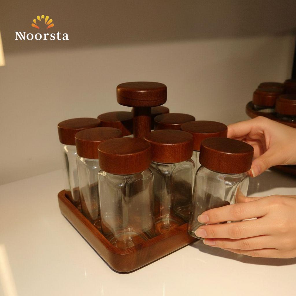 Noorsta™ Artisan 8-Piece Acacia Wood & Glass Spice Rack Set