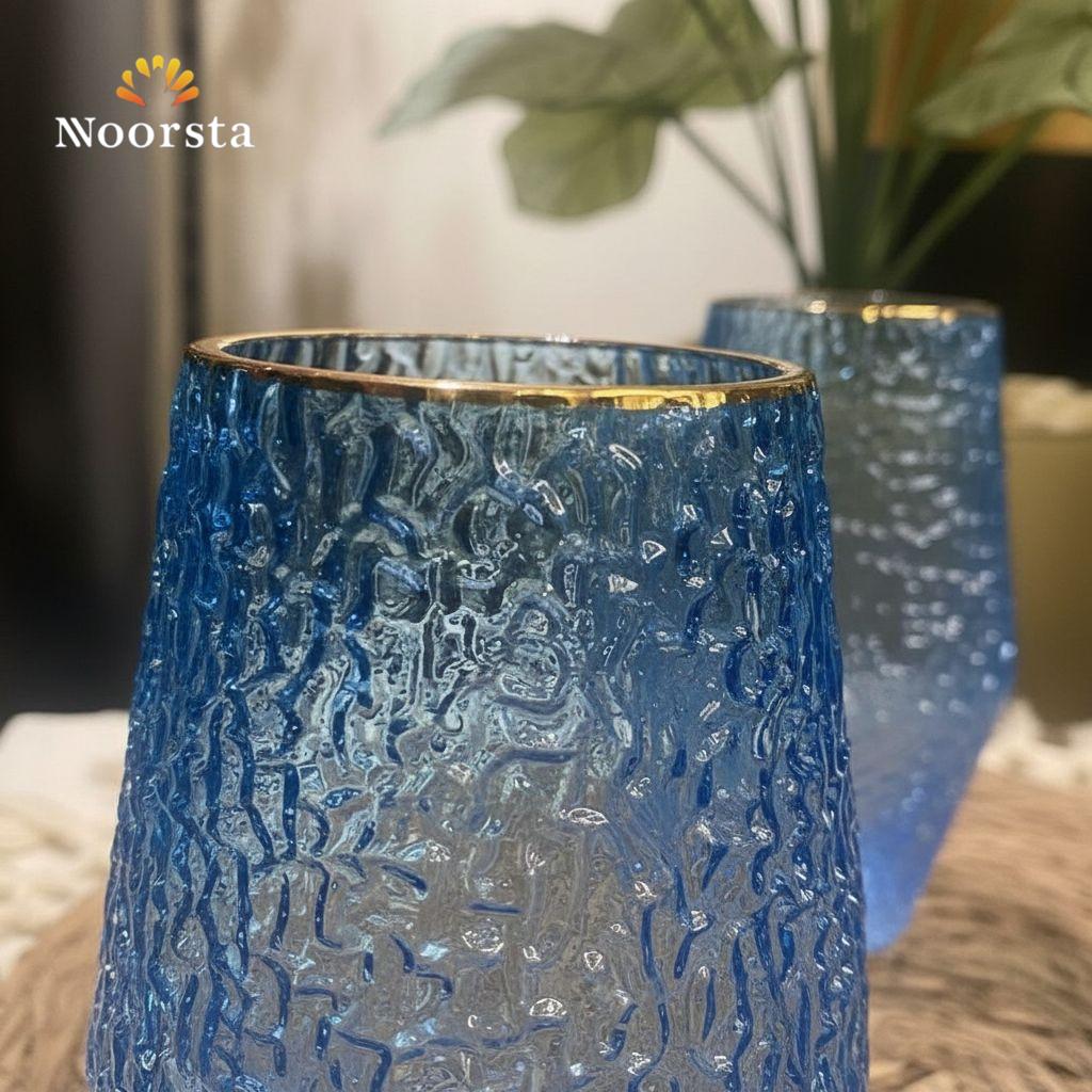 Azure Glacier Textured Glass Tumbler with Gold Rim set
