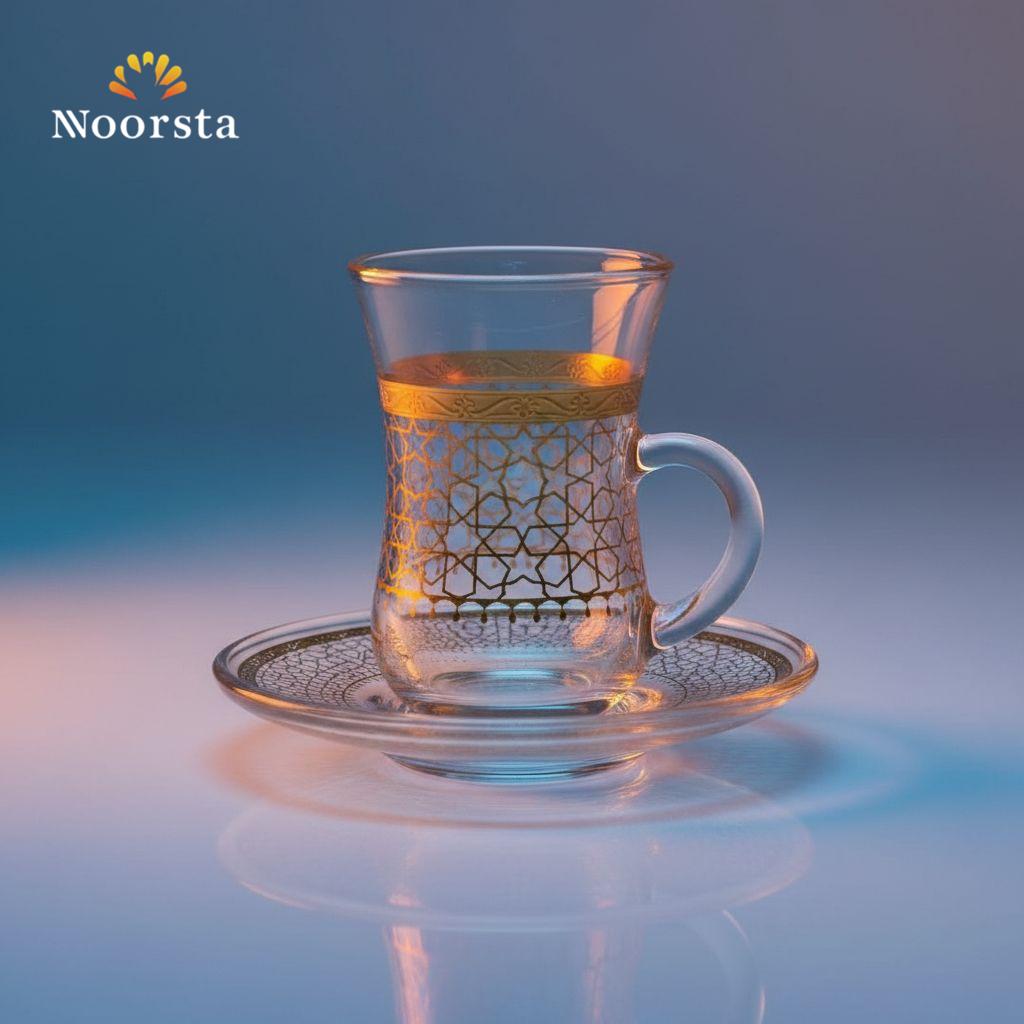 طقم فناجين قهوة استكانة 12 قطعة شيك للضيوف - Authentic Gold-Patterned Glass Estikana Coffee Set 12 Pieces - Noorsta
