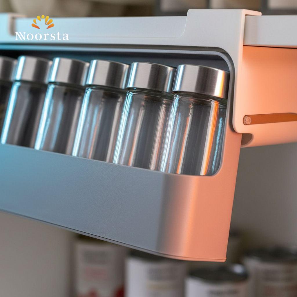 حامل توابل ذكي مع 6 برطمانات لتنظيم المطبخ - Smart Under-Shelf Spice Rack Organizer with 6 Jars - Noorsta