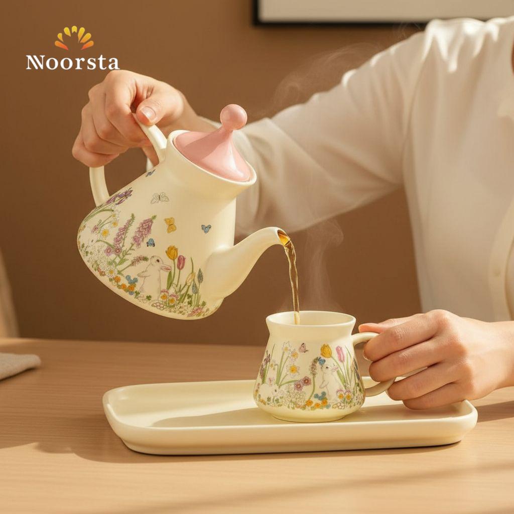 طقم شاي سيراميك حديقة الأرانب والزهور - كريمي مطفي