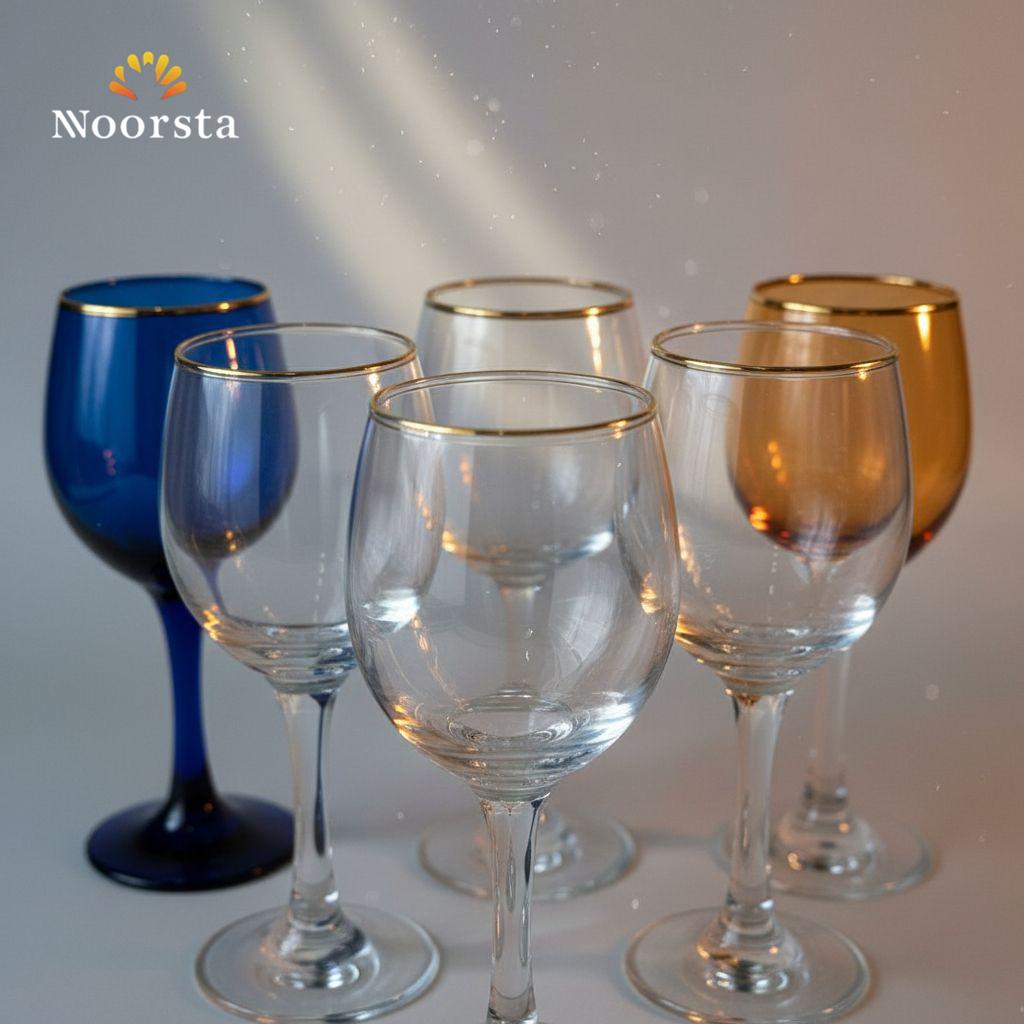 طقم كاسات زجاج شيك للعصاير والتقديم - Elegant Gold-Rimmed Glass Goblet Set - Noorsta
