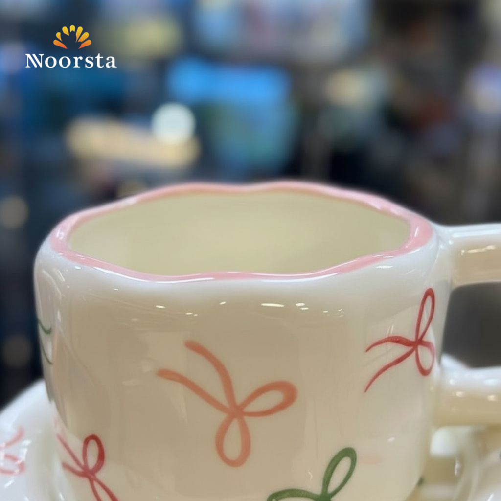 مج سيراميك بفيونكات مع الطبق لجهاز العروسة - Playful Bow Ceramic Mug with Saucer Set - Noorsta