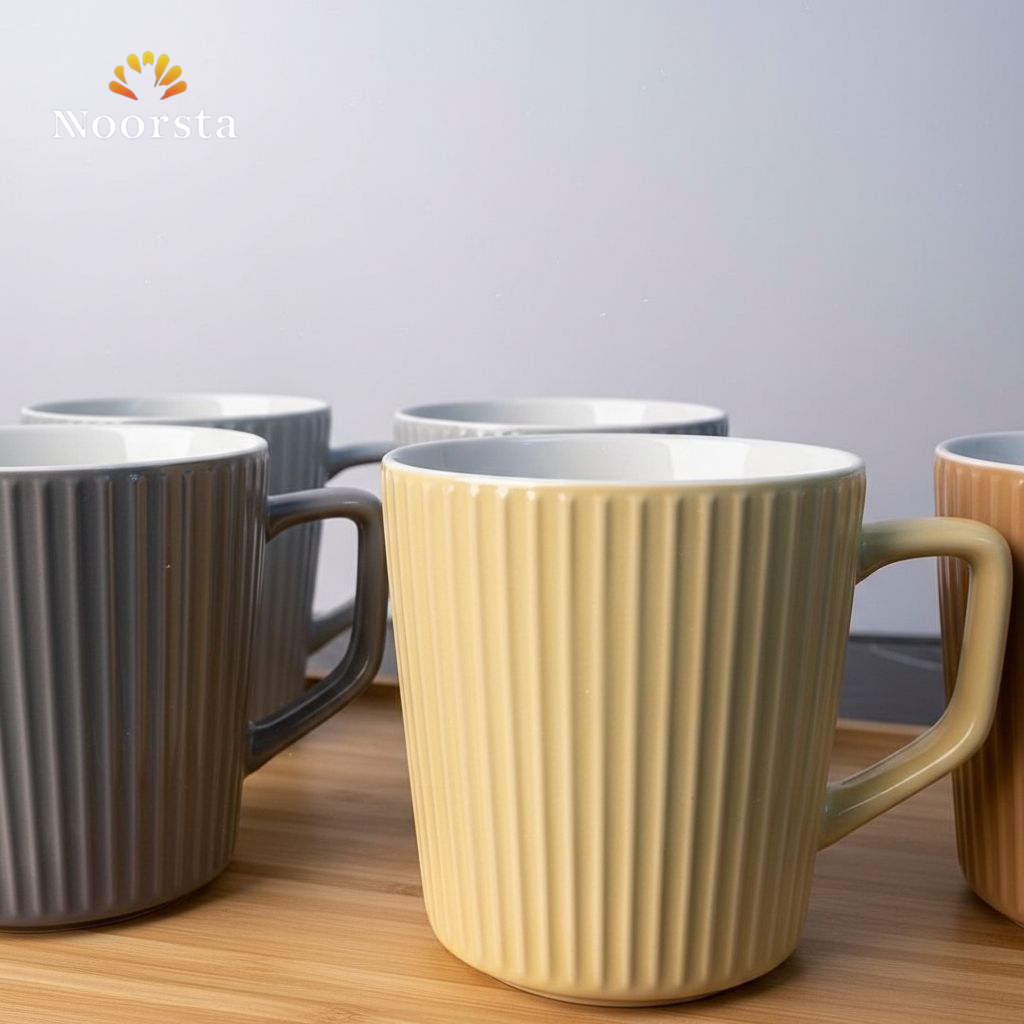 طقم مجات بورسلين مضلع 4 قطع - Modern Ribbed Porcelain Mug Set 4 Pieces - Noorsta