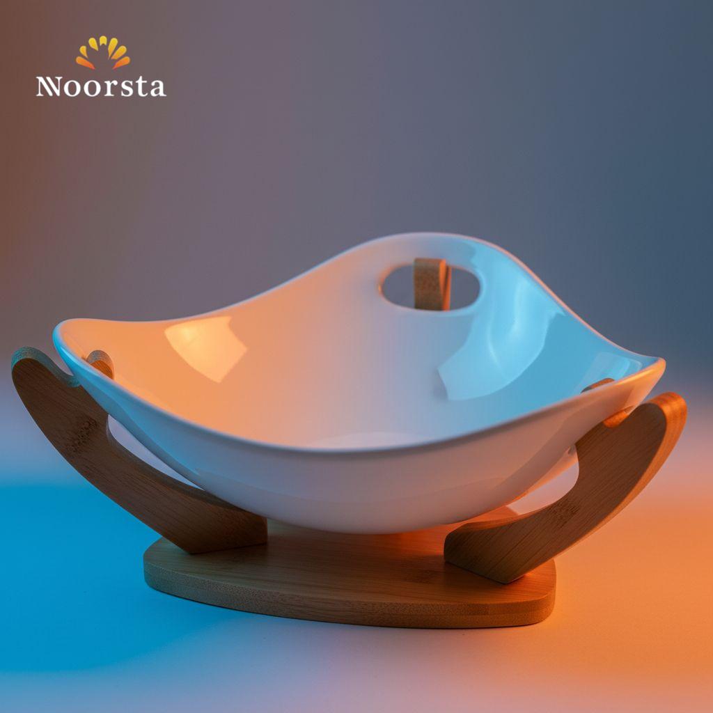 بولة سلطة بورسلين شيك جدا بحامل خشب - Elegant Porcelain Salad Bowl with Wooden Stand - Noorsta