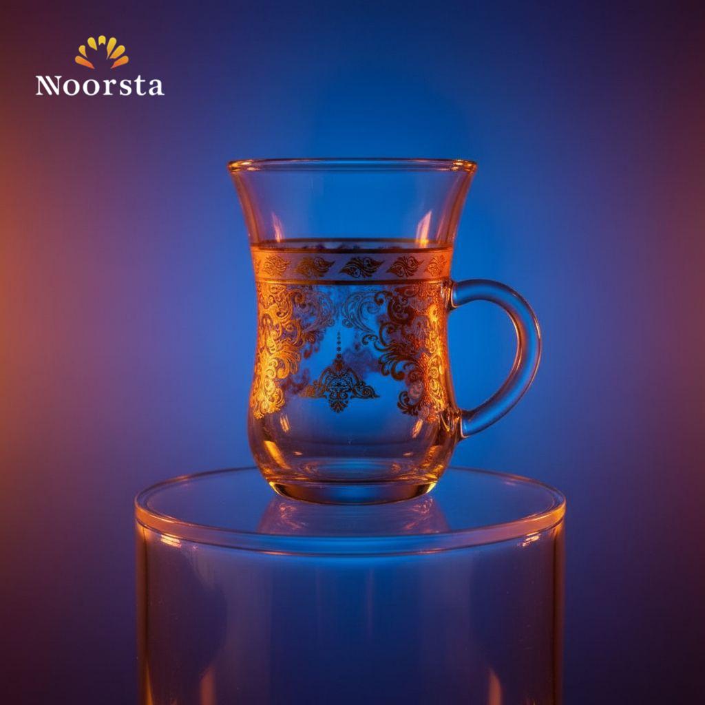 طقم فناجين قهوة استكانة قزاز بنقوش دهبي شيك - Classic 12-piece gold patterned glass istikana cup set - Noorsta