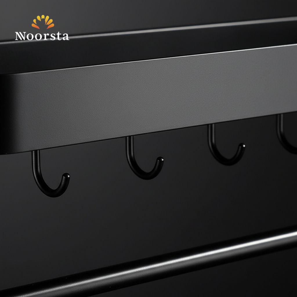Modern Matte Black Wall Organizer Shelf with Hooks & Towel Bar
