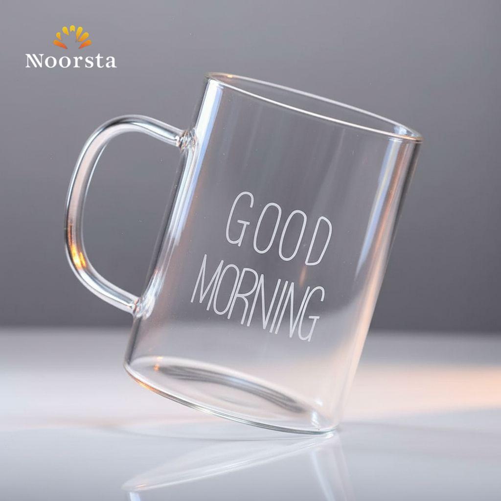 مج بايركس شفاف بكلمة Good Morning سعة 400 ملي - Modern Clear Pyrex Glass Mug with Good Morning Print - Noorsta