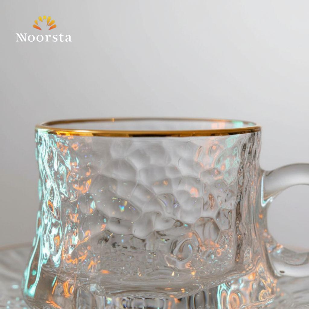فنجان قهوة قزاز شيك بحواف دهبي - Elegant Textured Glass Coffee Cup Set with Gold Rim - Noorsta
