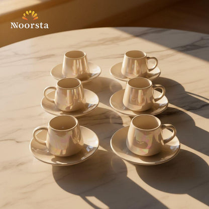 طقم فناجين قهوة لؤلؤي شيك لتقديمات الضيوف - Minimalist pearlescent coffee cup and saucer set - Noorsta