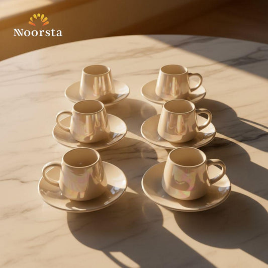 طقم فناجين قهوة لؤلؤي شيك لتقديمات الضيوف - Minimalist pearlescent coffee cup and saucer set - Noorsta