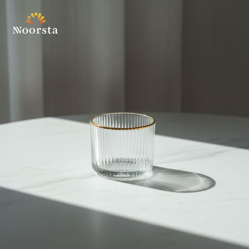 طقم كوبايات ازاز مضلع بكنار دهبي 6 قطع - Elegant Ribbed Glass Tea Cup Set with Gold Rim - Noorsta