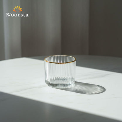 طقم كوبايات ازاز مضلع بكنار دهبي 6 قطع - Elegant Ribbed Glass Tea Cup Set with Gold Rim - Noorsta