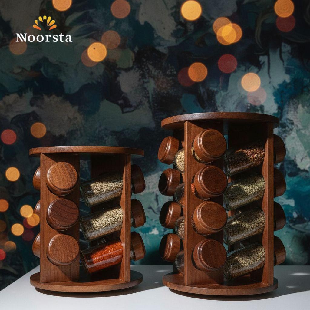 طقم توابل دوار فاخر - منظم خشبي طبيعي مع برطمانات زجاجية
