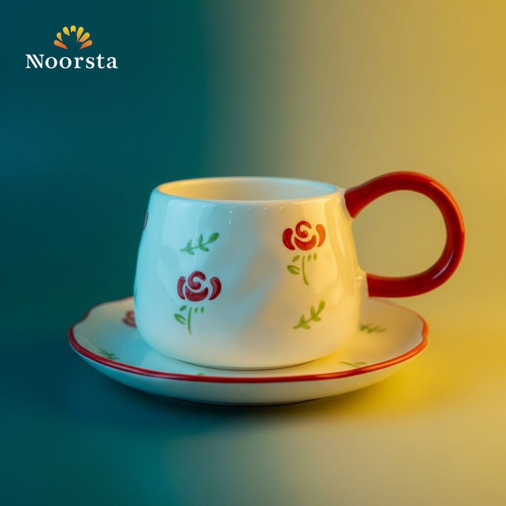مج شيك بالطبق بنقشة الورد - Chic Rose Motif Ceramic Mug with Saucer - Noorsta