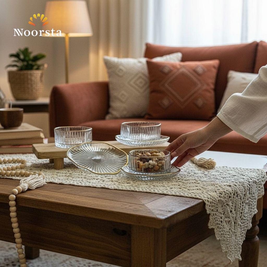 طقم بولات زجاج مضلع بحافة ذهبية مع أطباق تقديم - كريستال فاخر