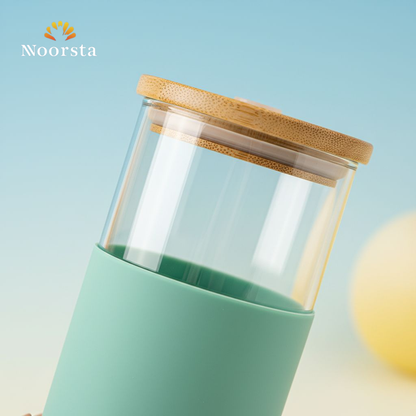 كوباية ايس كوفي بيركس بشاليموه وكفر سيليكون - Premium Pyrex Iced Coffee Tumbler with Bamboo Lid - Noorsta