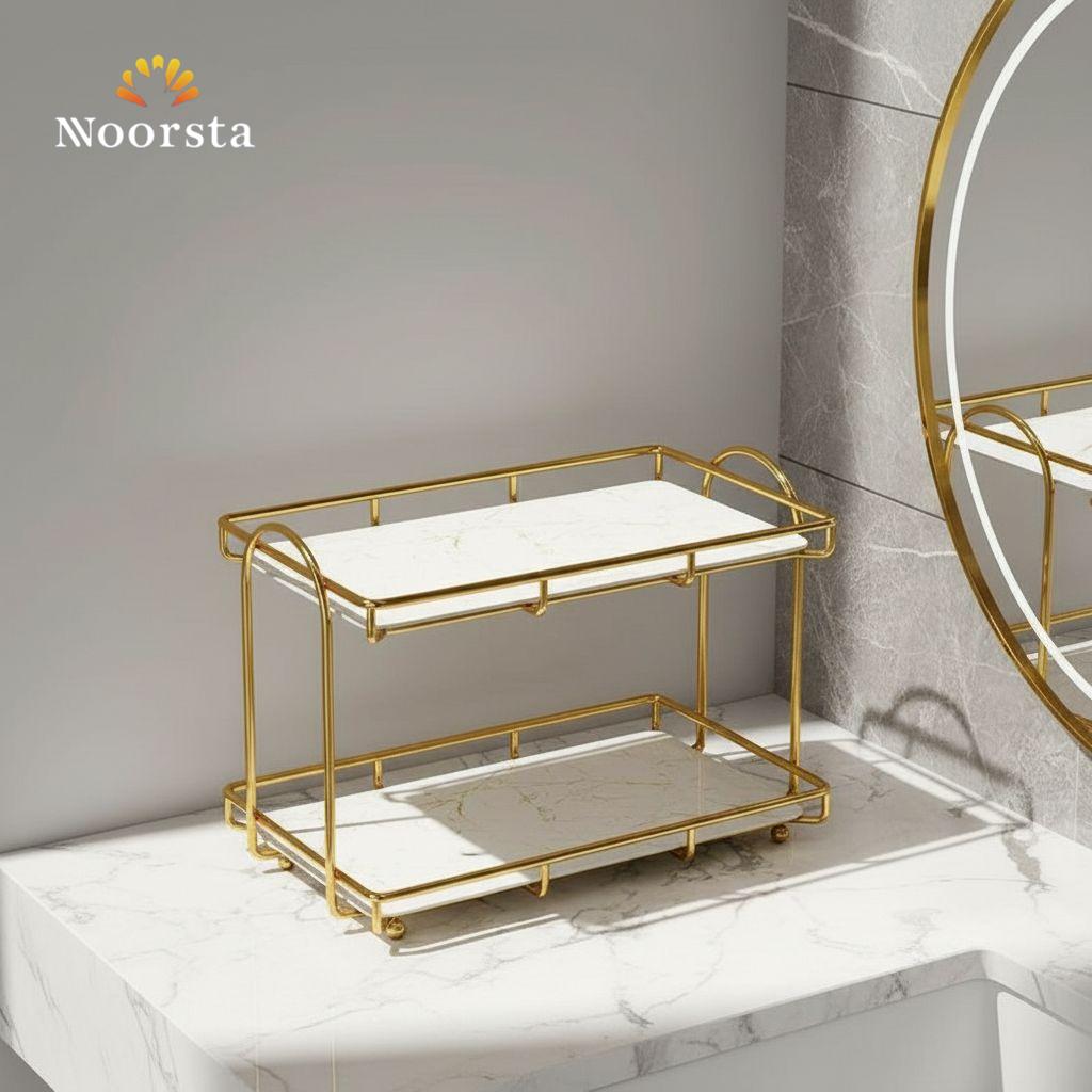 ستاند مكياج ومنظم عطور رفين دهبي برخام - Versatile 2-Tier Marble & Gold Organizer Stand - Noorsta