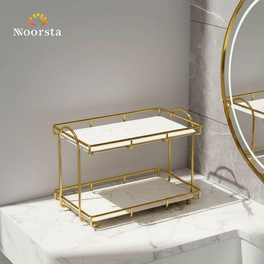 ستاند مكياج ومنظم عطور رفين دهبي برخام - Versatile 2-Tier Marble & Gold Organizer Stand - Noorsta