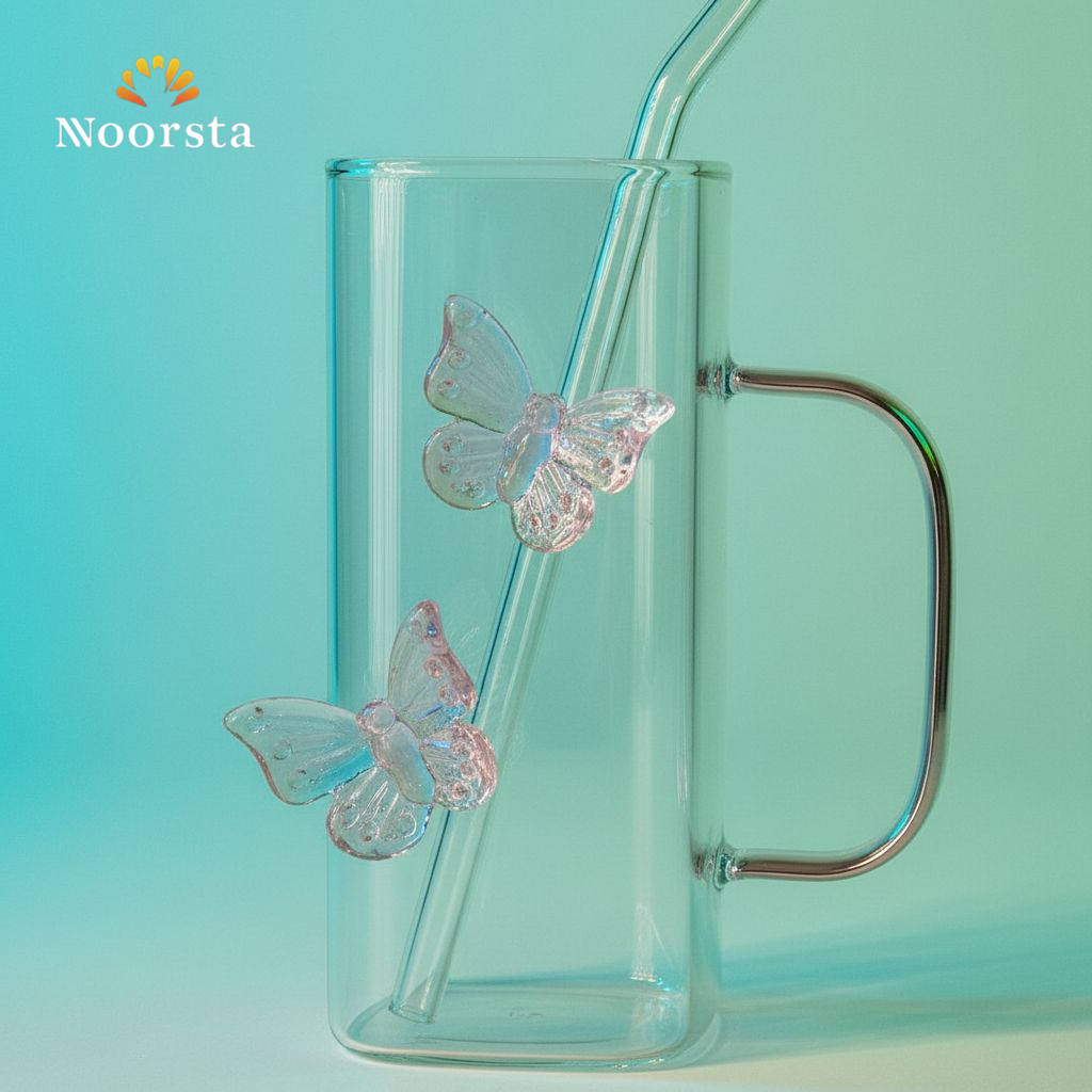 كوباية زجاج بيركس شيك بتصميم فراشات بارزة - Chic Pyrex glass mug with 3D pink butterflies and glass straw - Noorsta