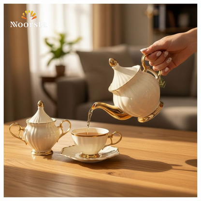 طقم شاي وجاتوه بون تشاينا 21 قطعة بلمسات ذهبية - Elegant 21-Piece Bone China Tea and Cake Set - Noorsta