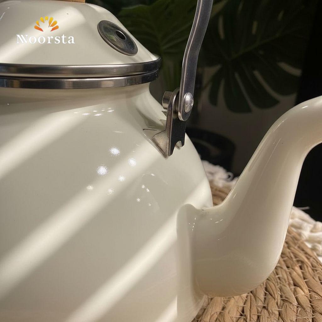Nordic Essence Enamel Stovetop Kettle - White & Wood Edition