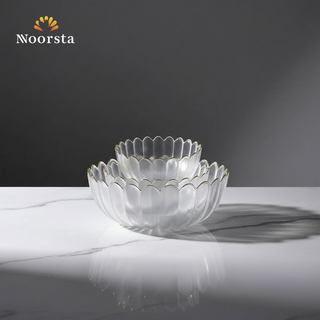 طقم بولات زجاج 3 قطع بحواف متموجة ولمسة ذهبية - Elegant 3-Piece Wavy Glass Bowl Set with Gold Trim - Noorsta