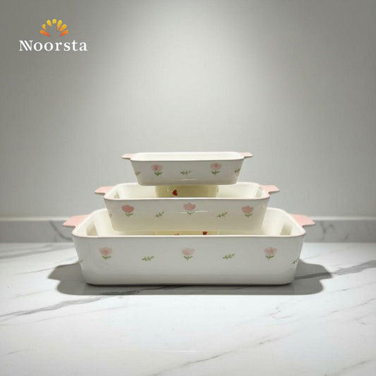 طقم طواجن بورسلين حراري شيك لعزومات العيلة - Premium Floral Porcelain Casserole Set - Noorsta