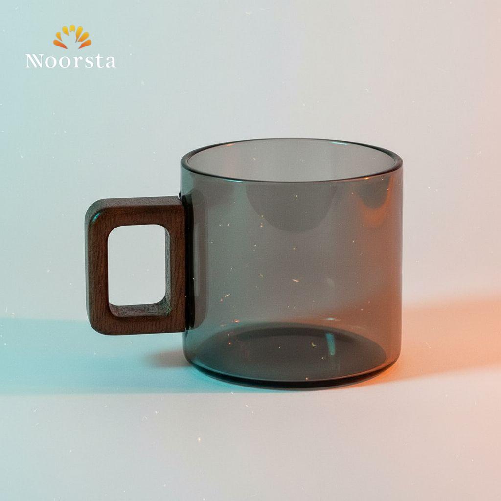 مج اسبريسو بيركس فاميه شيك بيد خشب - Modern Smoked Pyrex Espresso Mug with Wooden Handle - Noorsta