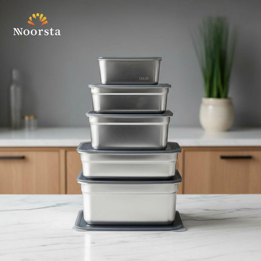 طقم علب تلاجة استيل 5 قطع بغطا سيليكون - Premium 5-Piece Stainless Steel Food Storage Set - Noorsta
