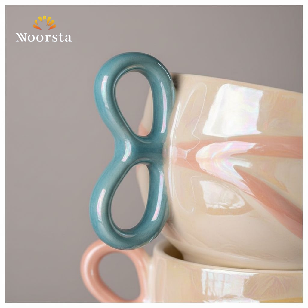 طقم مجات شوربة بورسلين لاستر بالوان باستيل واستاند معدن - Elegant 6-Piece Porcelain Luster Soup Mug Set with Metal Stand - Noorsta