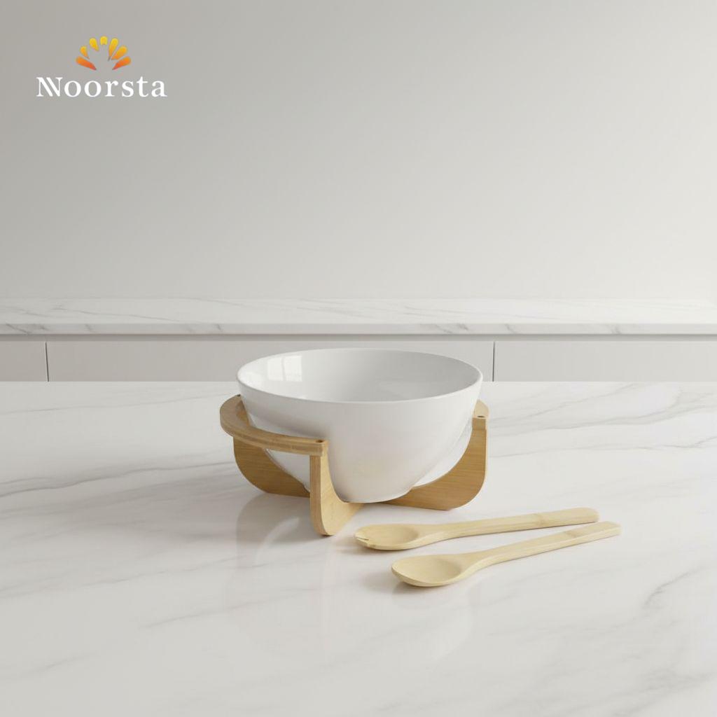 بولة بورسلين بيور بحامل خشب لتقديمات الضيوف الشيك - Elegant Pure Porcelain Serving Bowl with Wooden Stand - Noorsta