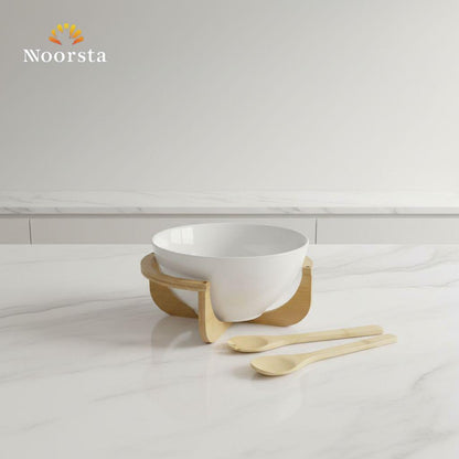 بولة بورسلين بيور بحامل خشب لتقديمات الضيوف الشيك - Elegant Pure Porcelain Serving Bowl with Wooden Stand - Noorsta