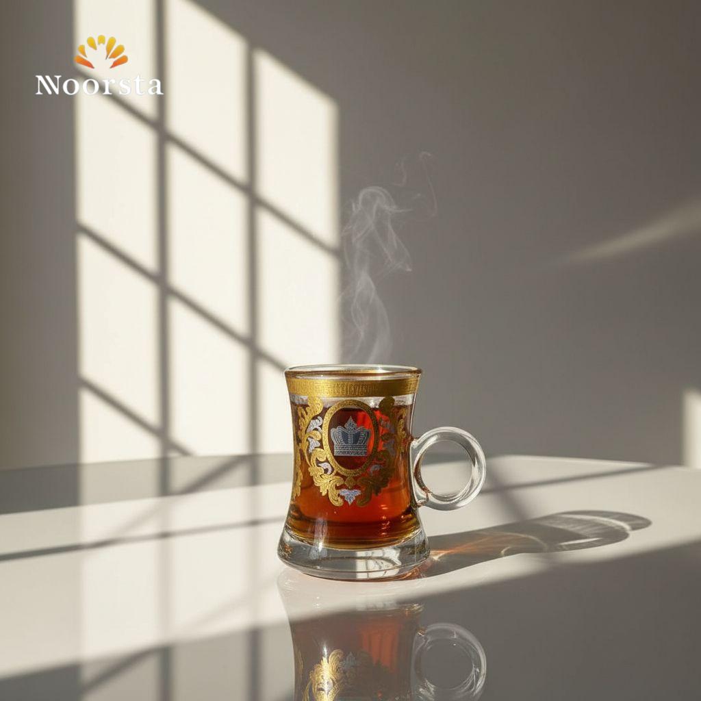 طقم كاسات شاي زجاج بنقشة التاج الملكي والدهبي - Majestic Crown Gold-Embossed Glass Teacup Set - Noorsta