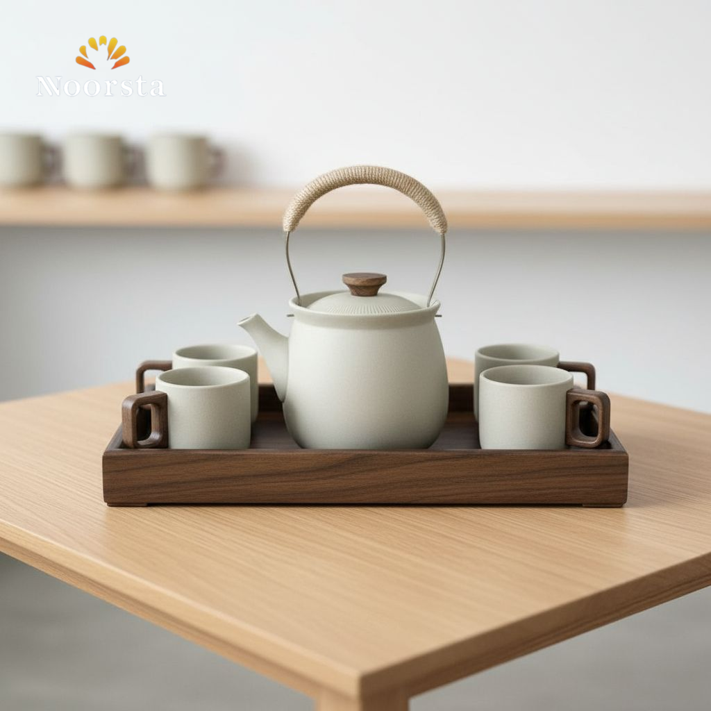 طقم شاي بورسلين شيك لجهاز العروسة - Authentic Porcelain Tea Set with Wooden Tray - Noorsta