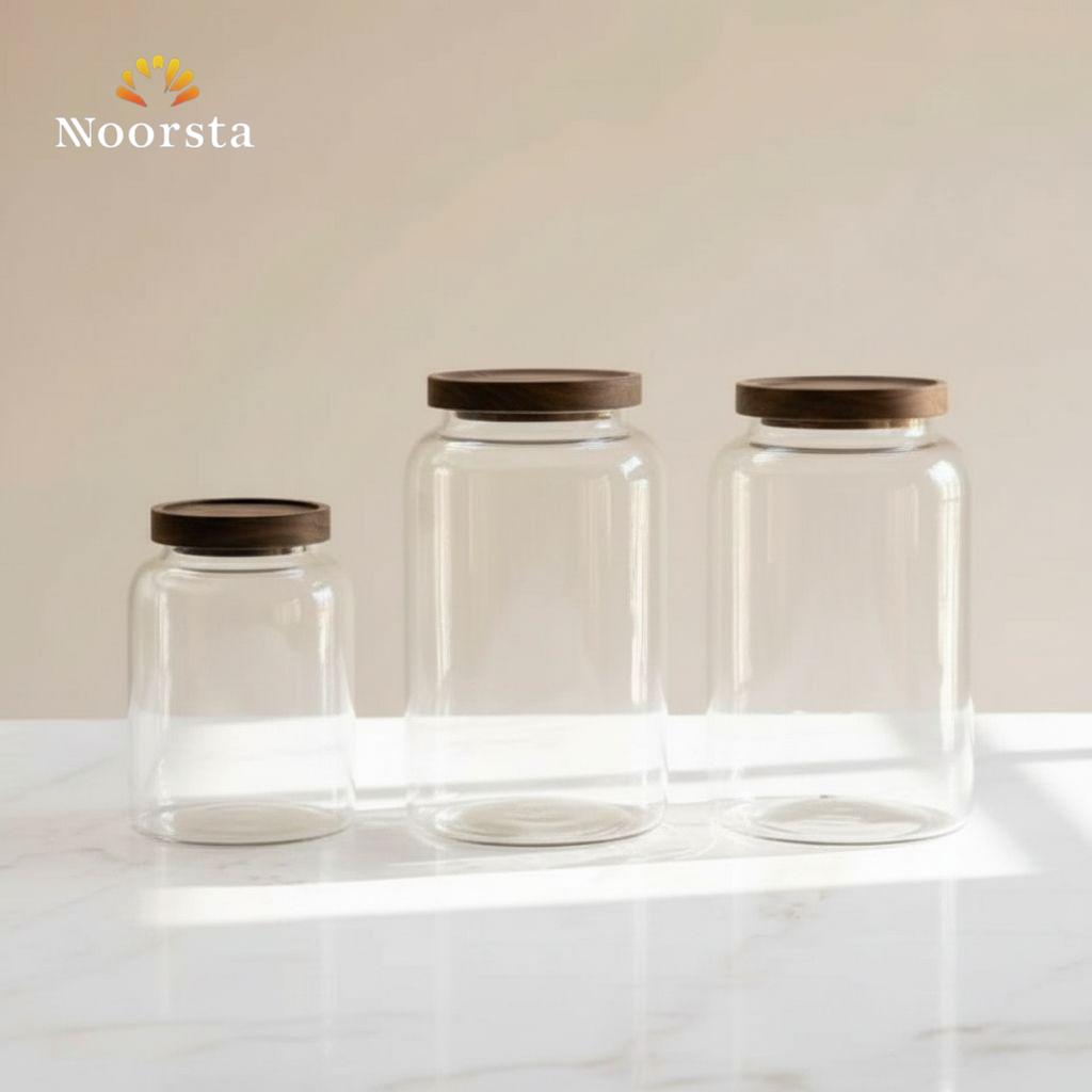 طقم برطمانات زجاج 3 قطع لتنظيم المطبخ - Modern 3-Piece Glass Storage Jar Set - Noorsta