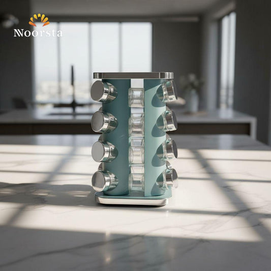 طقم توابل دوار شيك للمطبخ - Modern Rotating Glass Spice Rack Set - Noorsta