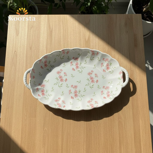 سرفيس تقديم بورسلين مورد شيك لعزومات السفرة - Elegant Floral Porcelain Serving Platter - Noorsta